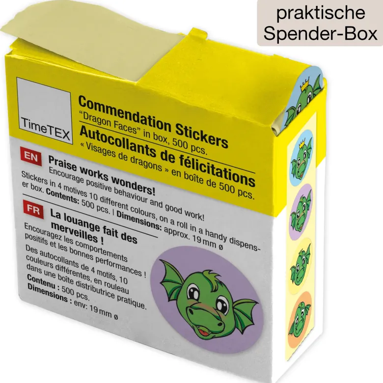 Belobigungs-Aufkleber "Drachen-Gesichter" in Spender-Box, 500 Stück
