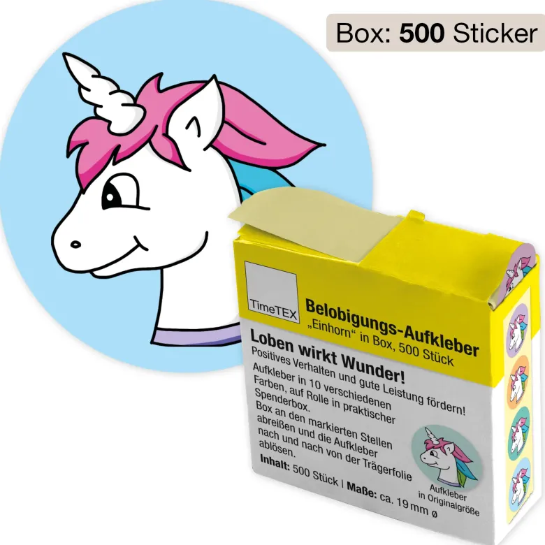 Belobigungs-Aufkleber "Einhorn" in Spender-Box, 500 Stück