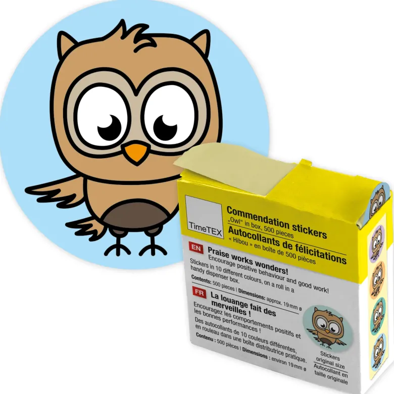 Belobigungs-Aufkleber "Eule" in Spender-Box, 500 Stück