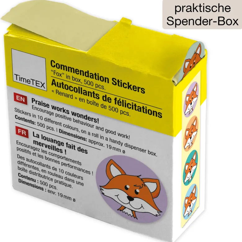 Belobigungs-Aufkleber "Fuchs" in Spender-Box, 500 Stück