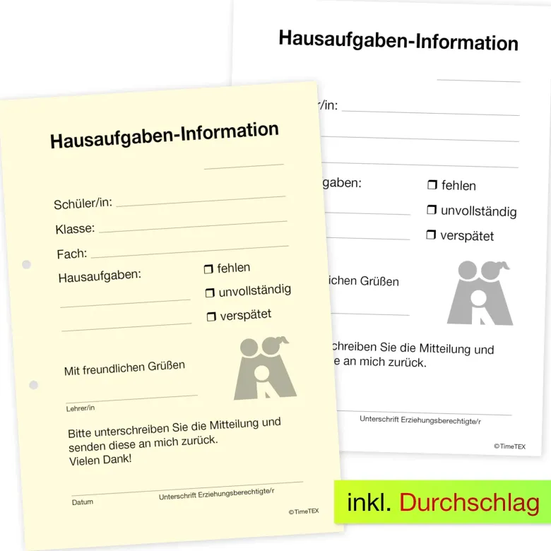 Block Hausaufgaben-Information A6, 50 Blatt mit Durchschlag