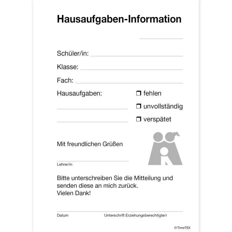 Block Hausaufgaben-Information A6, 50 Blatt mit Durchschlag