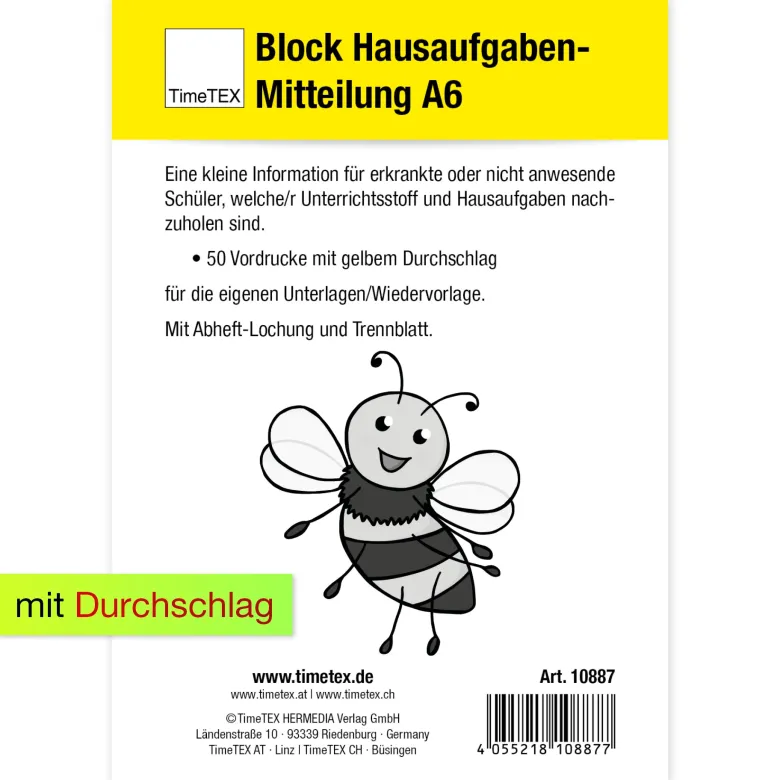 Block Hausaufgaben-Mitteilung A6, 50 Blatt mit Durchschlag
