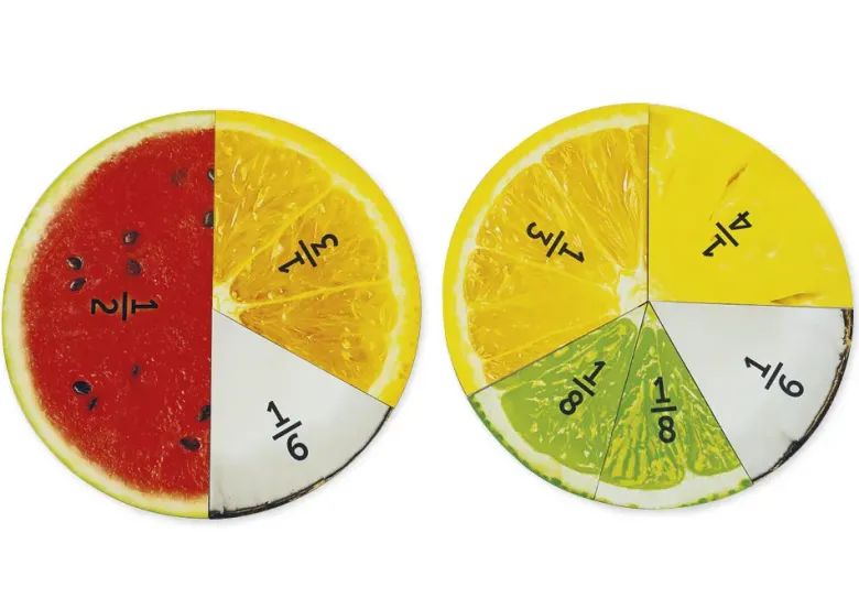 Demo-Bruchrechen-Kreise "Obst", 203 mm ø, magnetisch, 24-tlg.