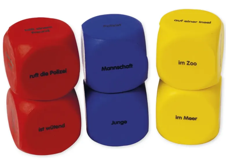 Set Flüster-Würfel 6-tlg. Deutsch "Geschichten-Einstieg", 4 cm