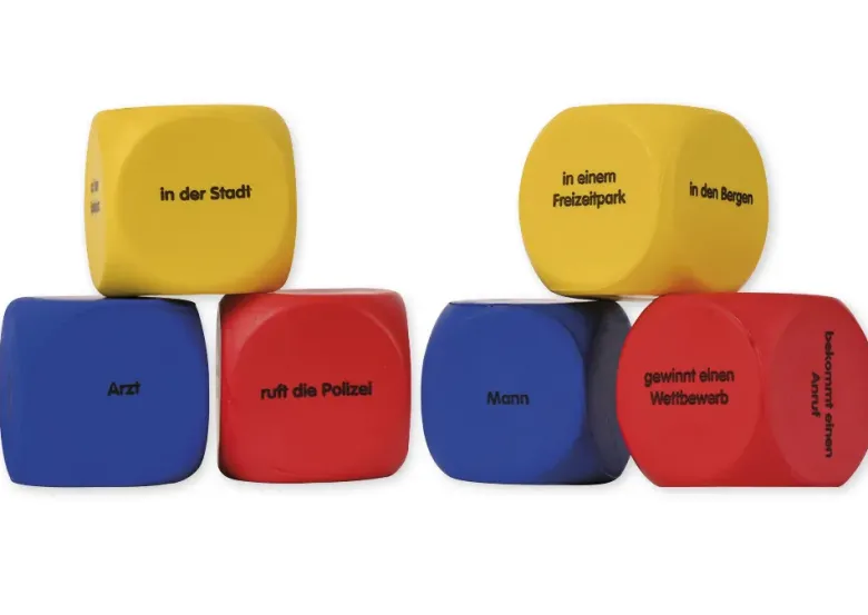 Set Flüster-Würfel 6-tlg. Deutsch "Geschichten-Einstieg", 4 cm