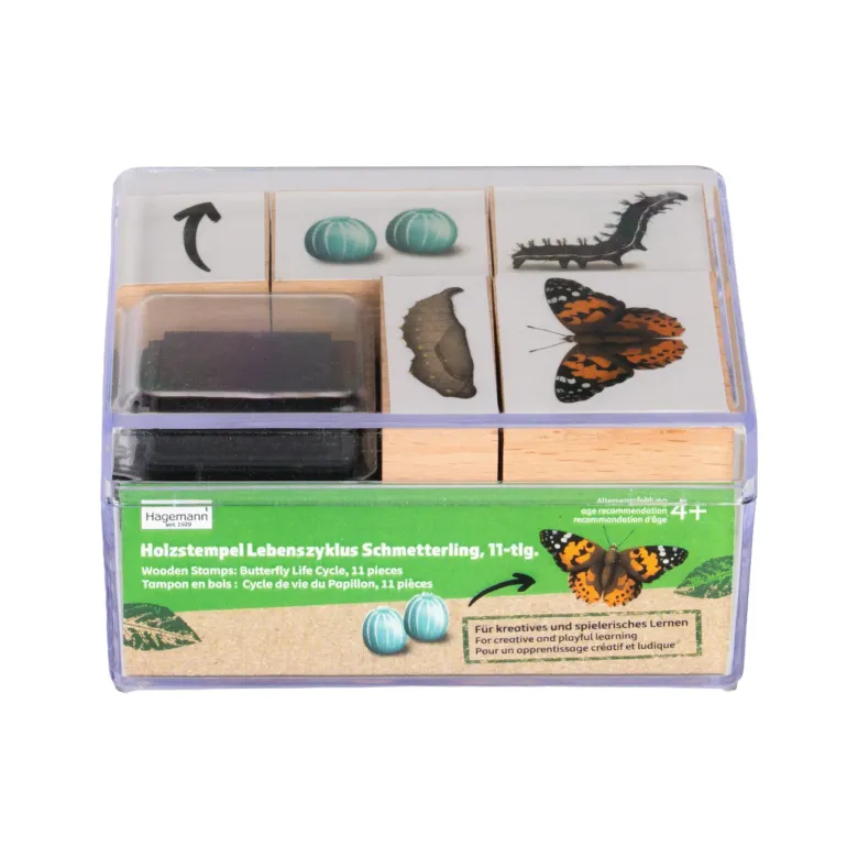 Set Holzstempel "Lebenszyklus Schmetterling", 11-tlg. mit Stempelkissen