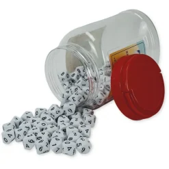Set Zehnseitige Würfel in Dose, 0-9, weiß, 100 Stück