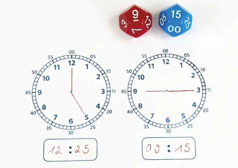 Uhrzeiten-Spiel "Analog/Digital", mit Stempel und Würfeln, 3-tlg.