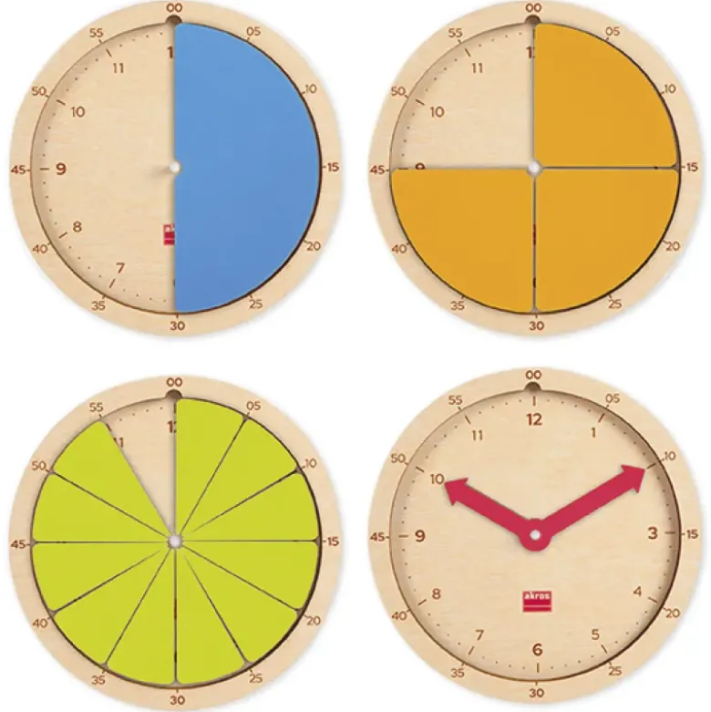 Zeit- und Bruchrechen-Uhr aus Holz, 22,5 cm ø, 19-tlg.